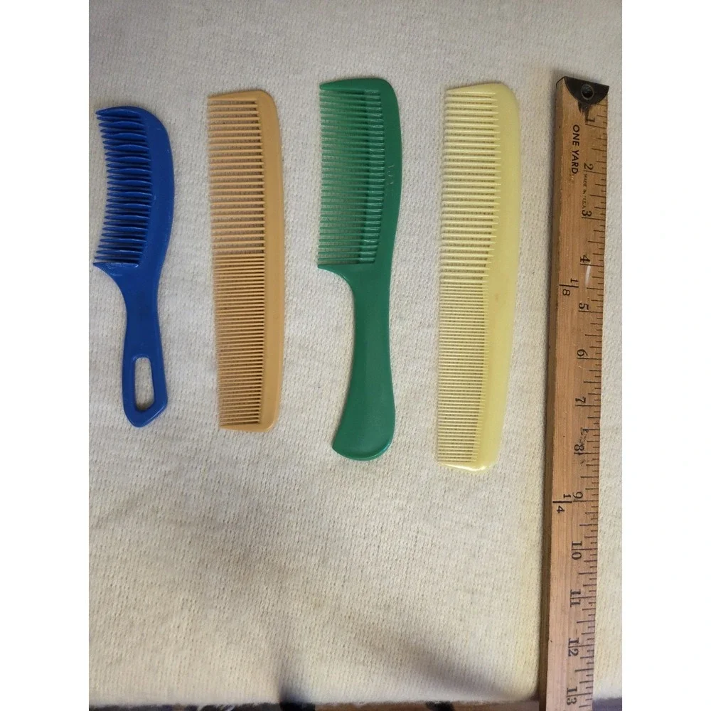Lot of 4 Vintage Plastic Combs – AJAX Green, Fine‑Tooth & Wide‑Tooth – 1970s–90s